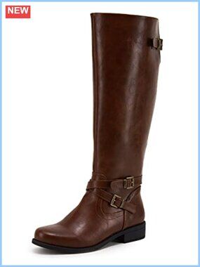 Womens Wide Calf Knee High Boots Faux Leather Low Heel Side Zip Riding Boot